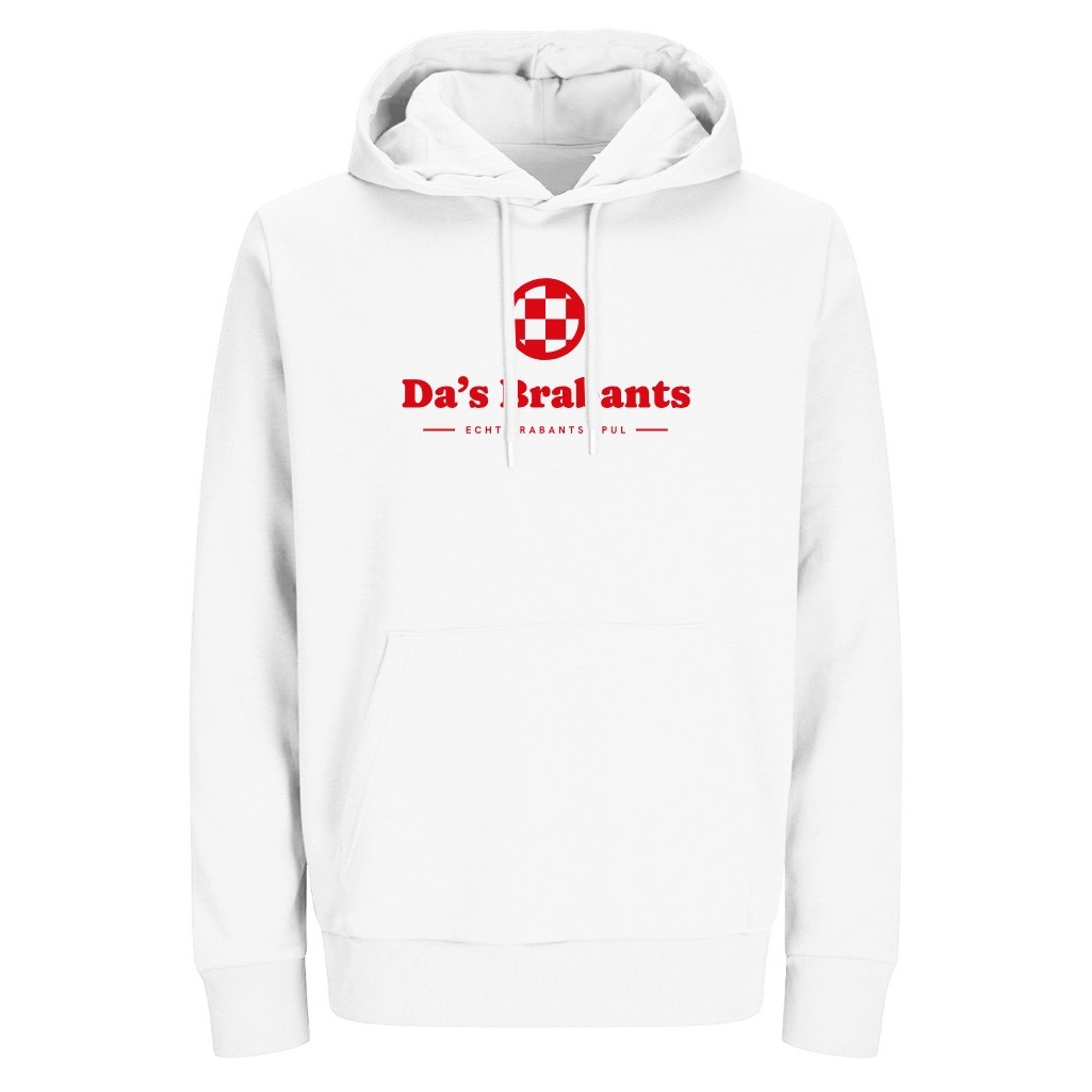 Voorkant: witte hoodie met op de borst groot het logo in rood: het geblokte rondje met daaronder „Da's Brabants” en „Echt Brabants spul”