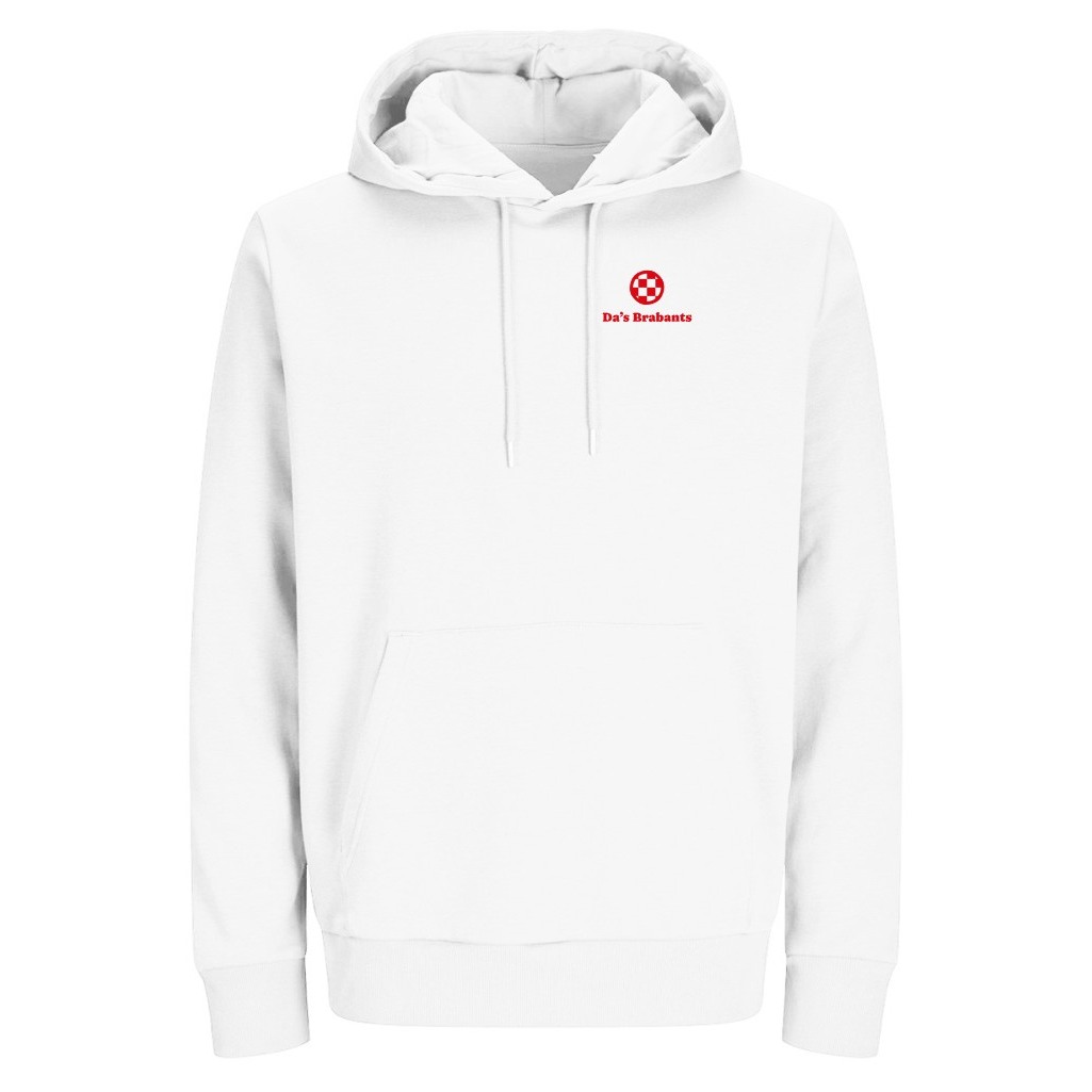 Voorkant: witte hoodie met capuchon, koord en buidelzak, met links op de borst klein het logo van Da's Brabants in rood
