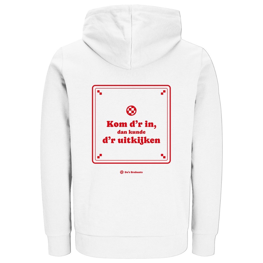 Achterkant: witte hoodie met in rood een tegeltje met de tekst „Kom d’r in, dan kunde d’r uitkijken”, het geblokte rondje en daaronder klein het logo van Da's Brabants