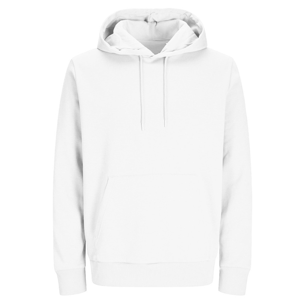 Voorkant: witte hoodie met capuchon, koord en buidelzak, zonder opdruk